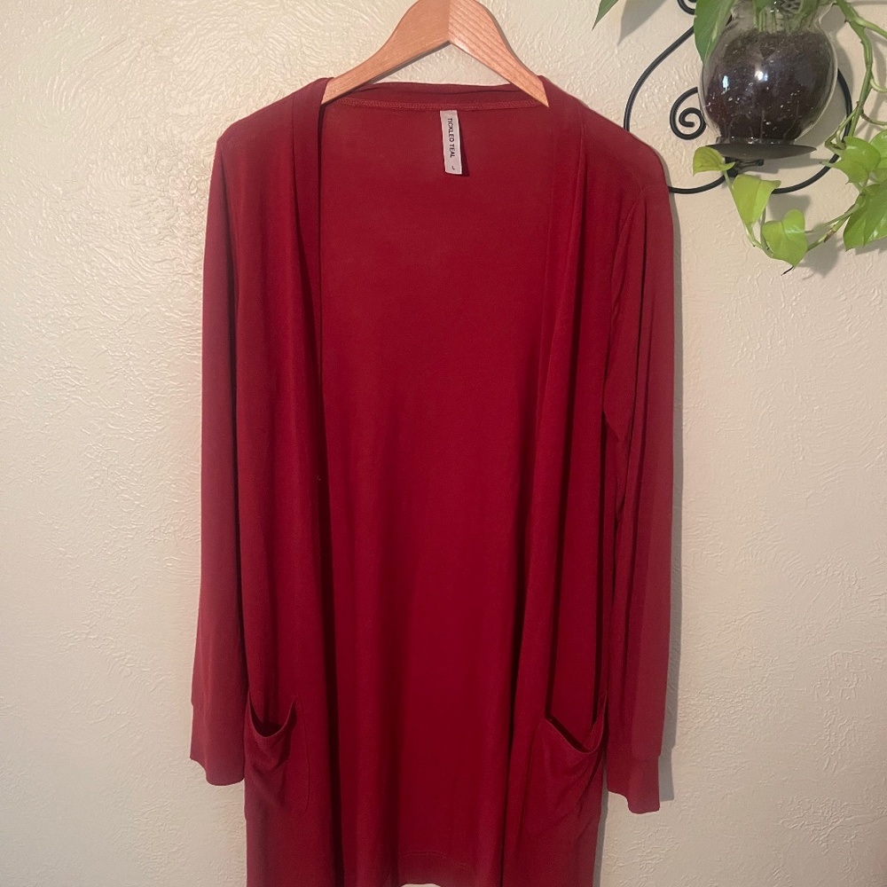 Women’s large long pocket red cardigan